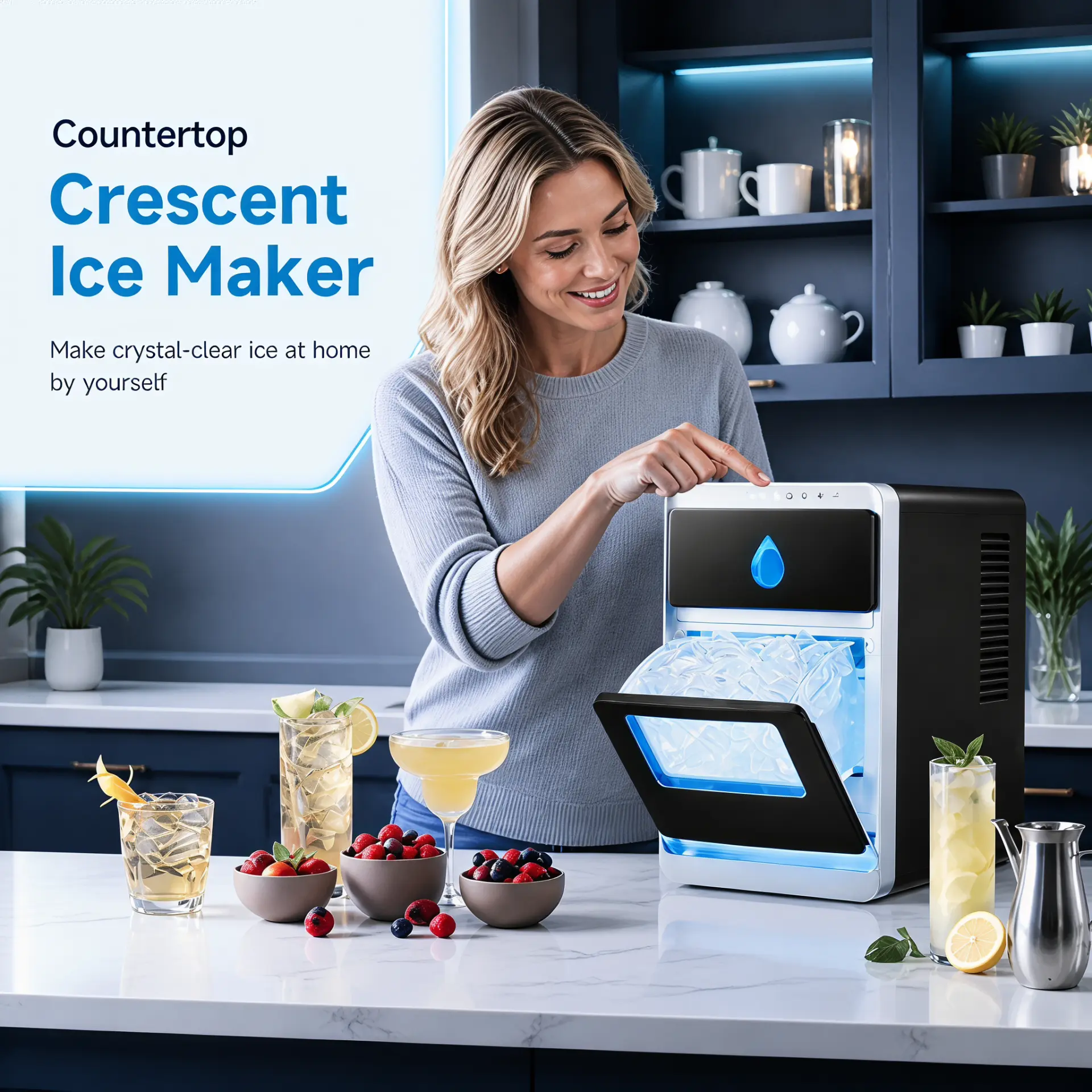 Machine à glaçons posée sur le plan de travail d'une cuisine moderne