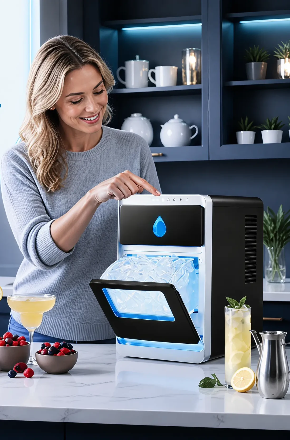 Une femme utilise la machine à glaçons Umywell dans une cuisine moderne, entourée de boissons préparées avec des glaçons limpides